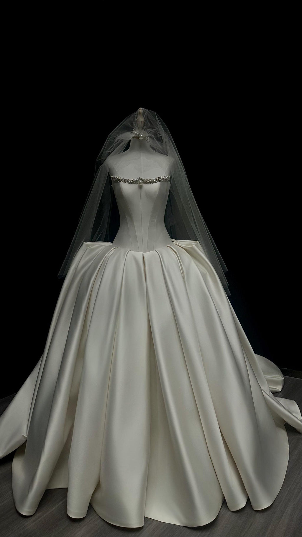 Strapless Beaded Mikado Satin Ballgown Wedding Dress, Pleated Bridal Gown With Matching Veil