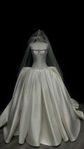 Strapless Beaded Mikado Satin Ballgown Wedding Dress, Pleated Bridal Gown With Matching Veil