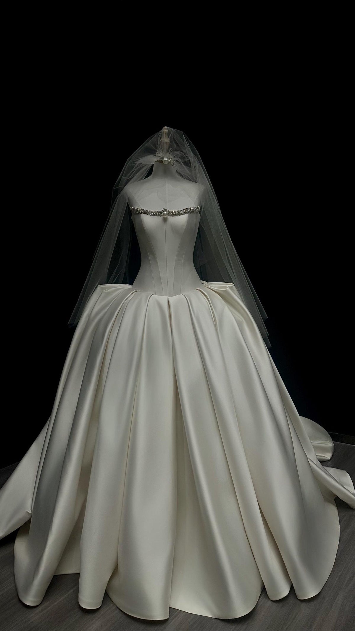 Strapless Beaded Mikado Satin Ballgown Wedding Dress, Pleated Bridal Gown With Matching Veil