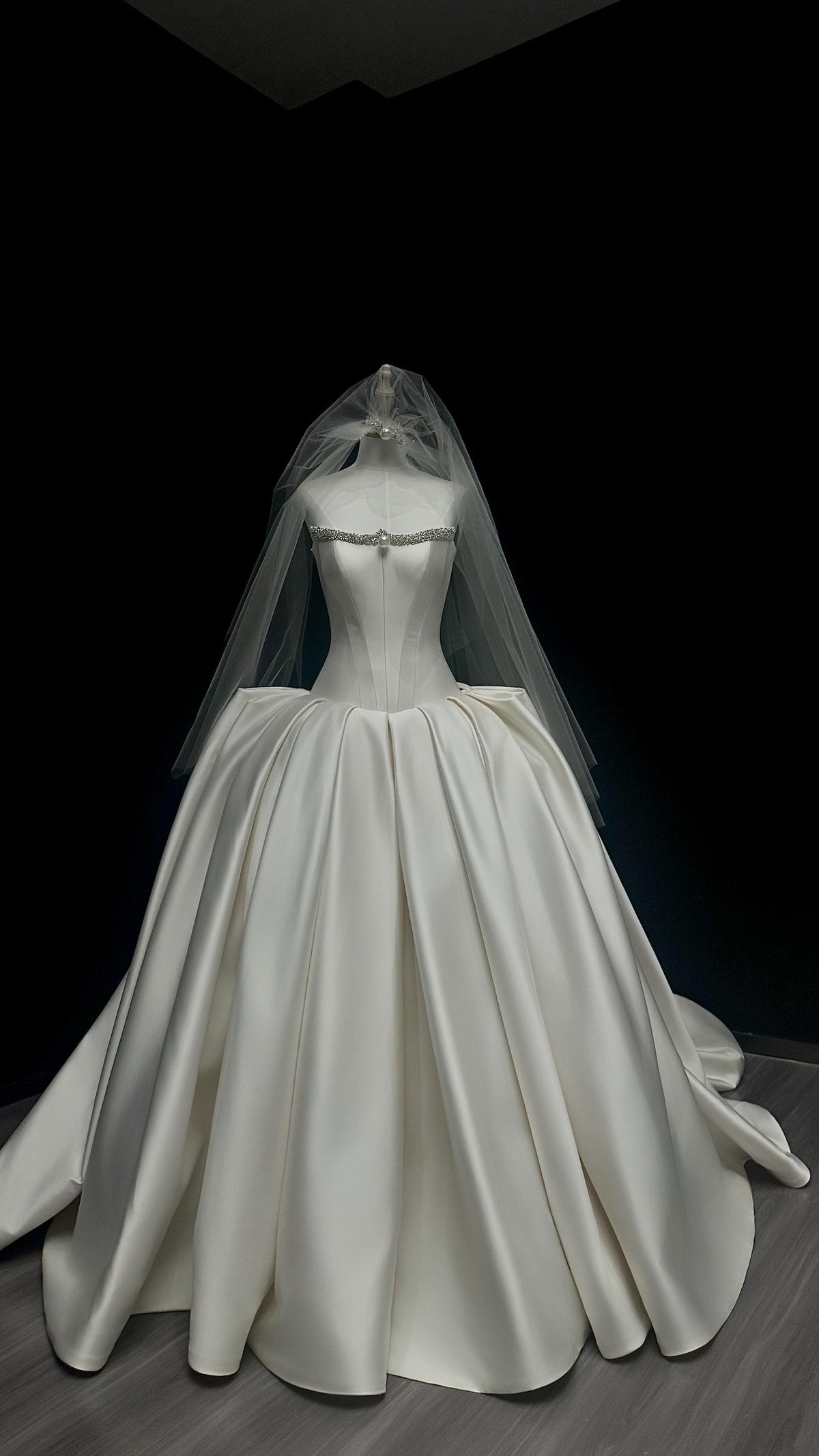 Strapless Beaded Mikado Satin Ballgown Wedding Dress, Pleated Bridal Gown With Matching Veil