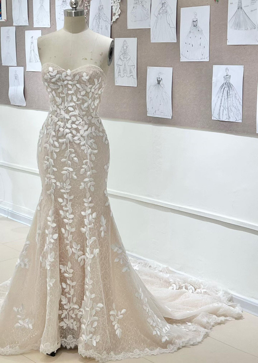 Sweetheart Strapless Mermaid Wedding Dress, 3D Leaf Lace Nude Tulle Bridal Gown With Train