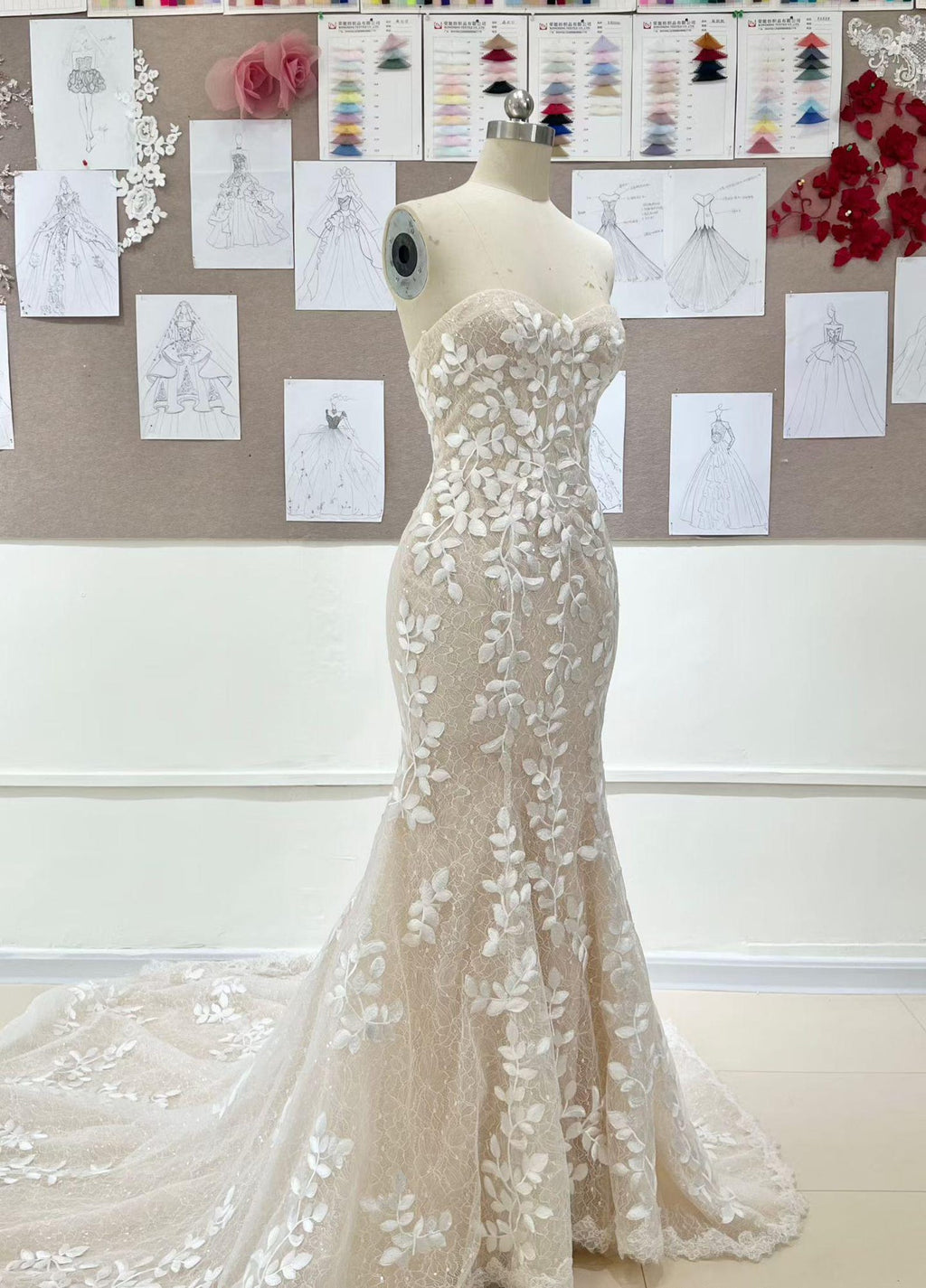 Sweetheart Strapless Mermaid Wedding Dress, 3D Leaf Lace Nude Tulle Bridal Gown With Train