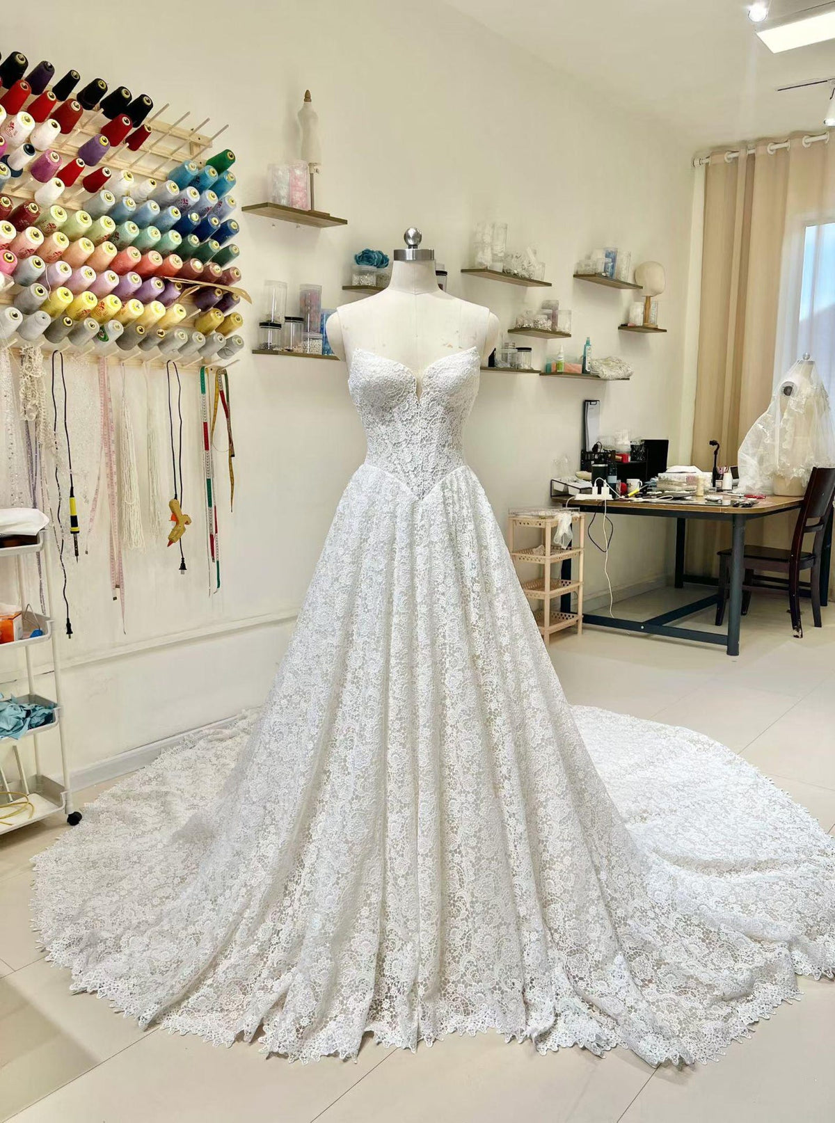 Sweetheart Strapless All Lace A-Line Wedding Dress, Full Lace Bridal Gown With Chapel Train