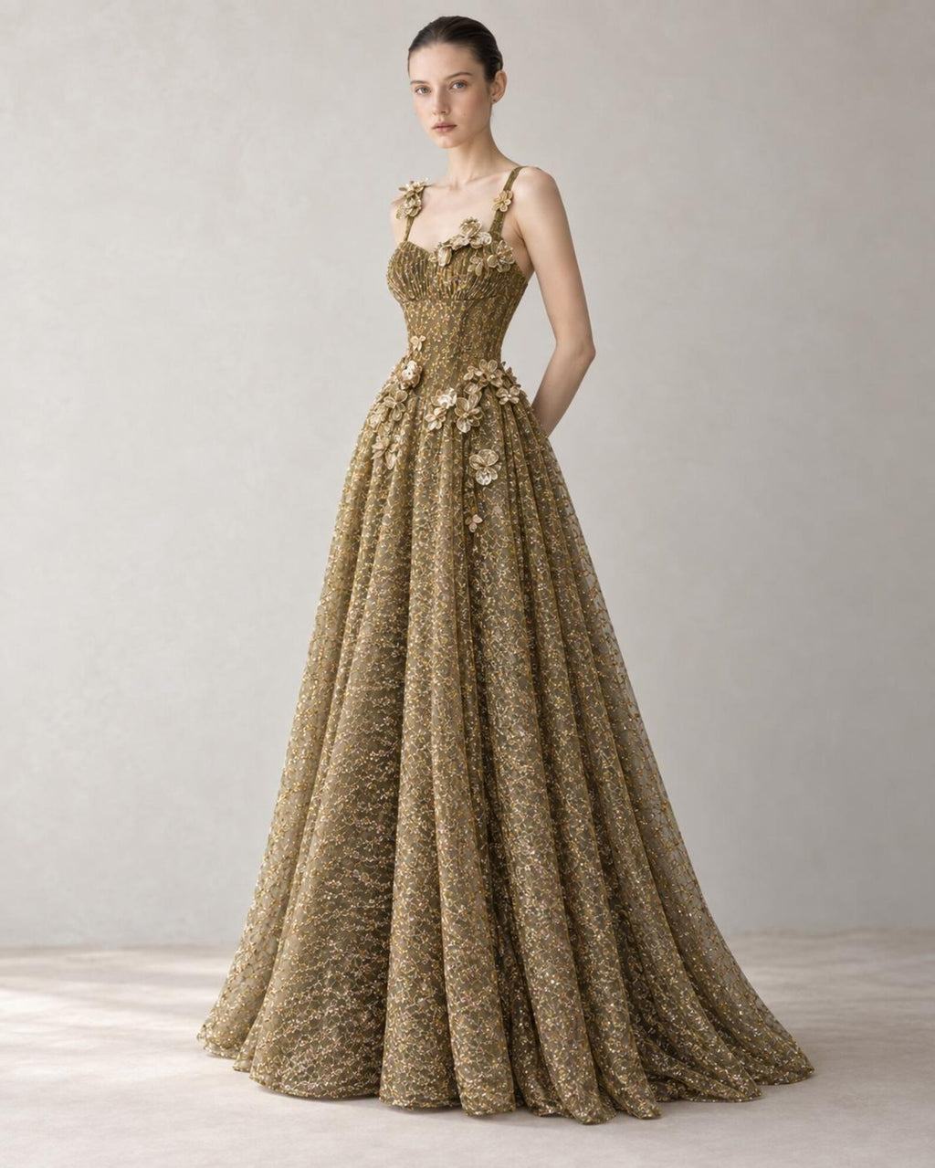 Olive Gold 3D Floral Evening Gown, Spaghetti Straps A-Line Formal Dress, Hand Beaded Tulle Wedding Guest Dress, Prom Gown