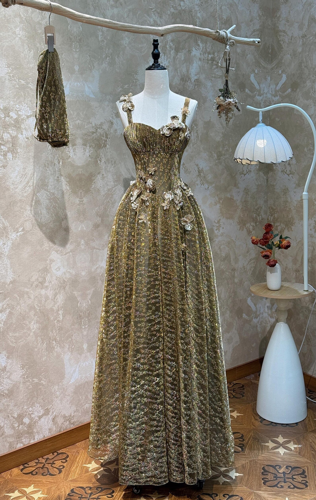 Olive Gold 3D Floral Evening Gown, Spaghetti Straps A-Line Formal Dress, Hand Beaded Tulle Wedding Guest Dress, Prom Gown