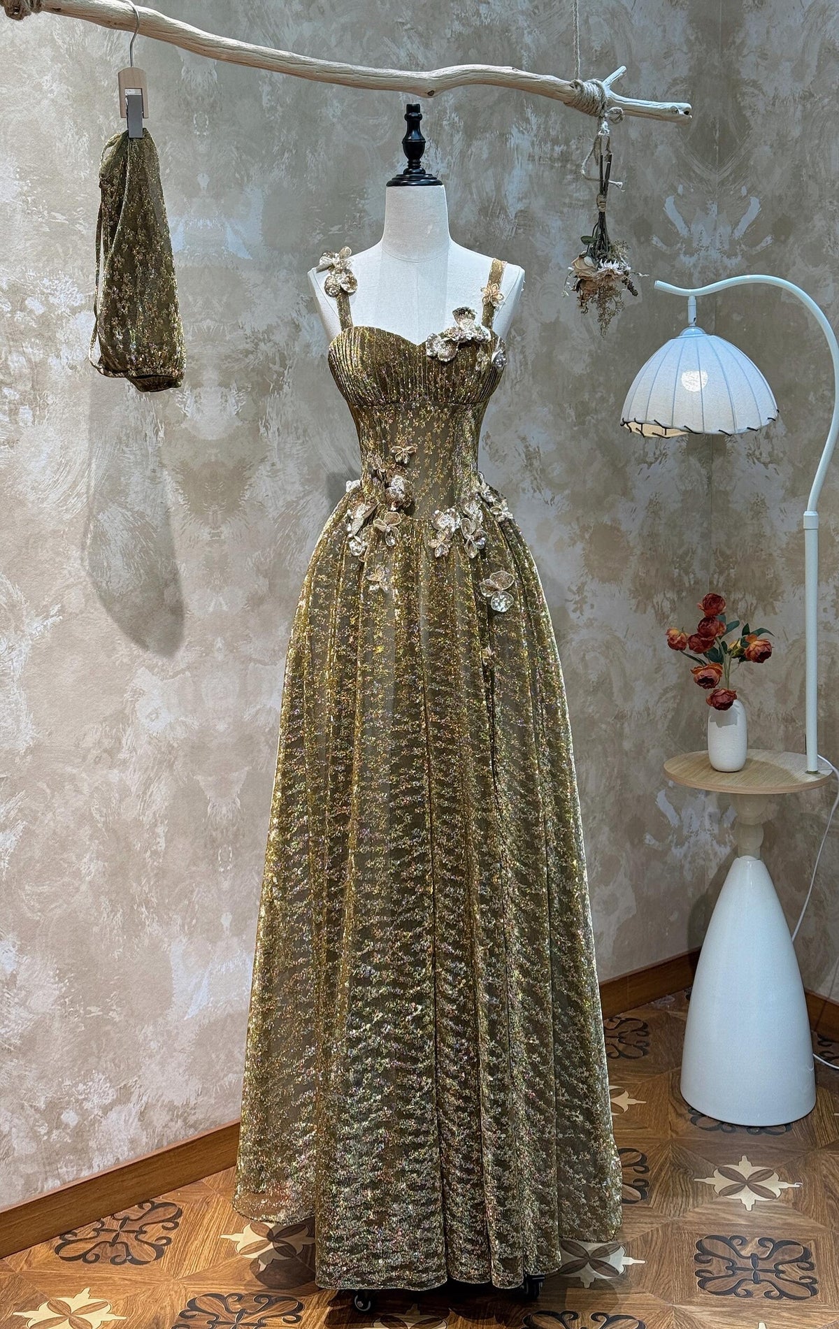Olive Gold 3D Floral Evening Gown, Spaghetti Straps A-Line Formal Dress, Hand Beaded Tulle Wedding Guest Dress, Prom Gown