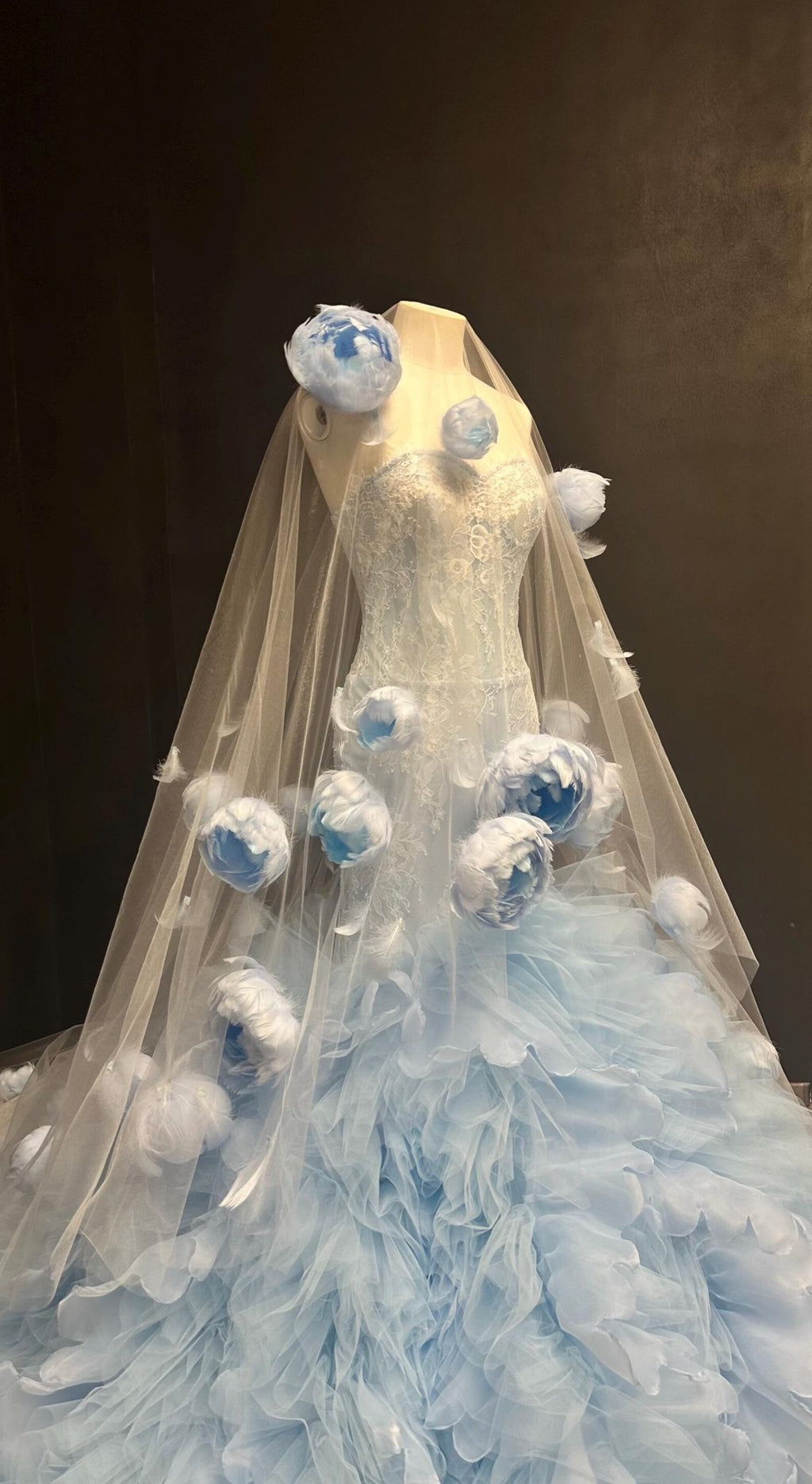 Light Blue 3D Floral Mermaid Gown, Feather Flower Ruffled Tulle Train Evening Dress