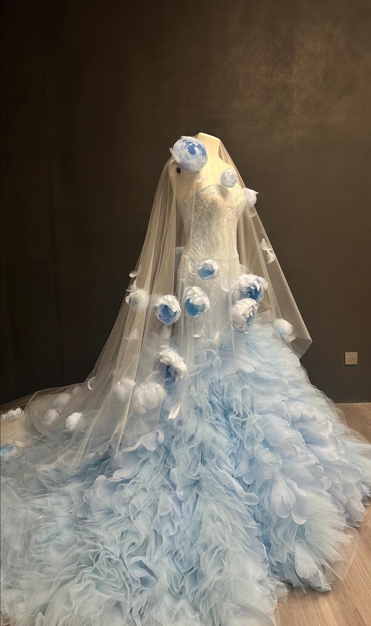 Light Blue 3D Floral Mermaid Gown, Feather Flower Ruffled Tulle Train Evening Dress