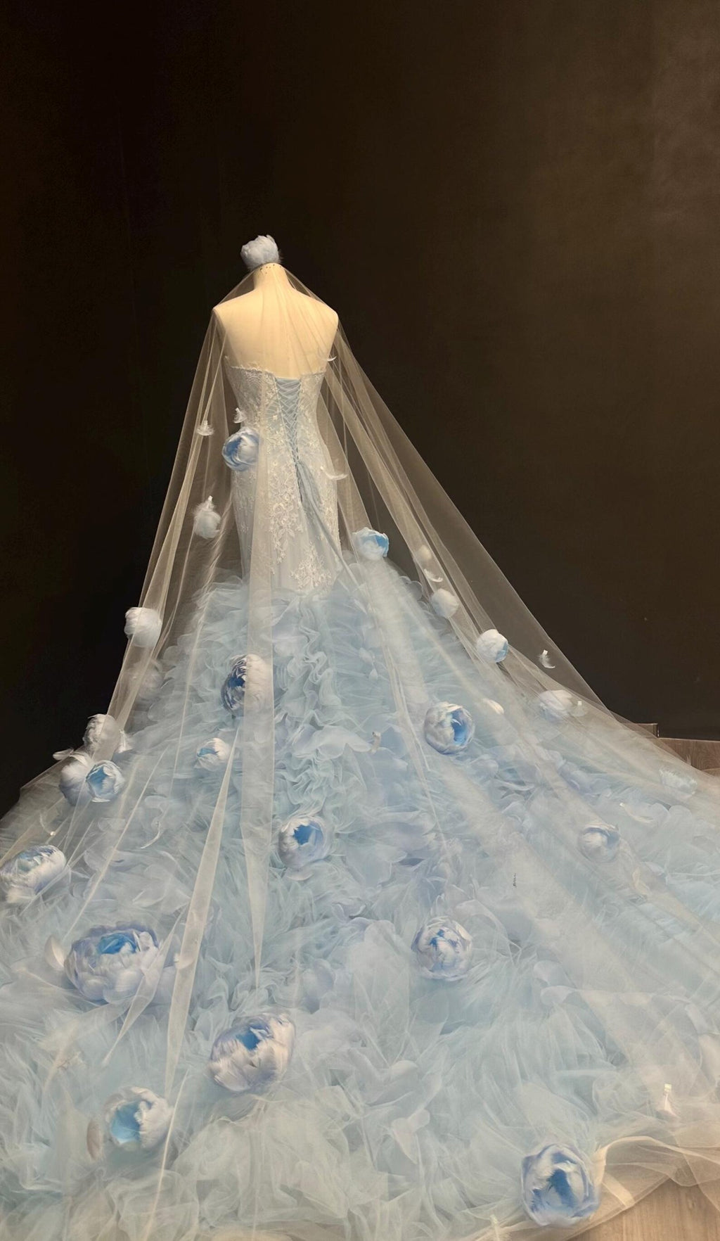 Light Blue 3D Floral Mermaid Gown, Feather Flower Ruffled Tulle Train Evening Dress