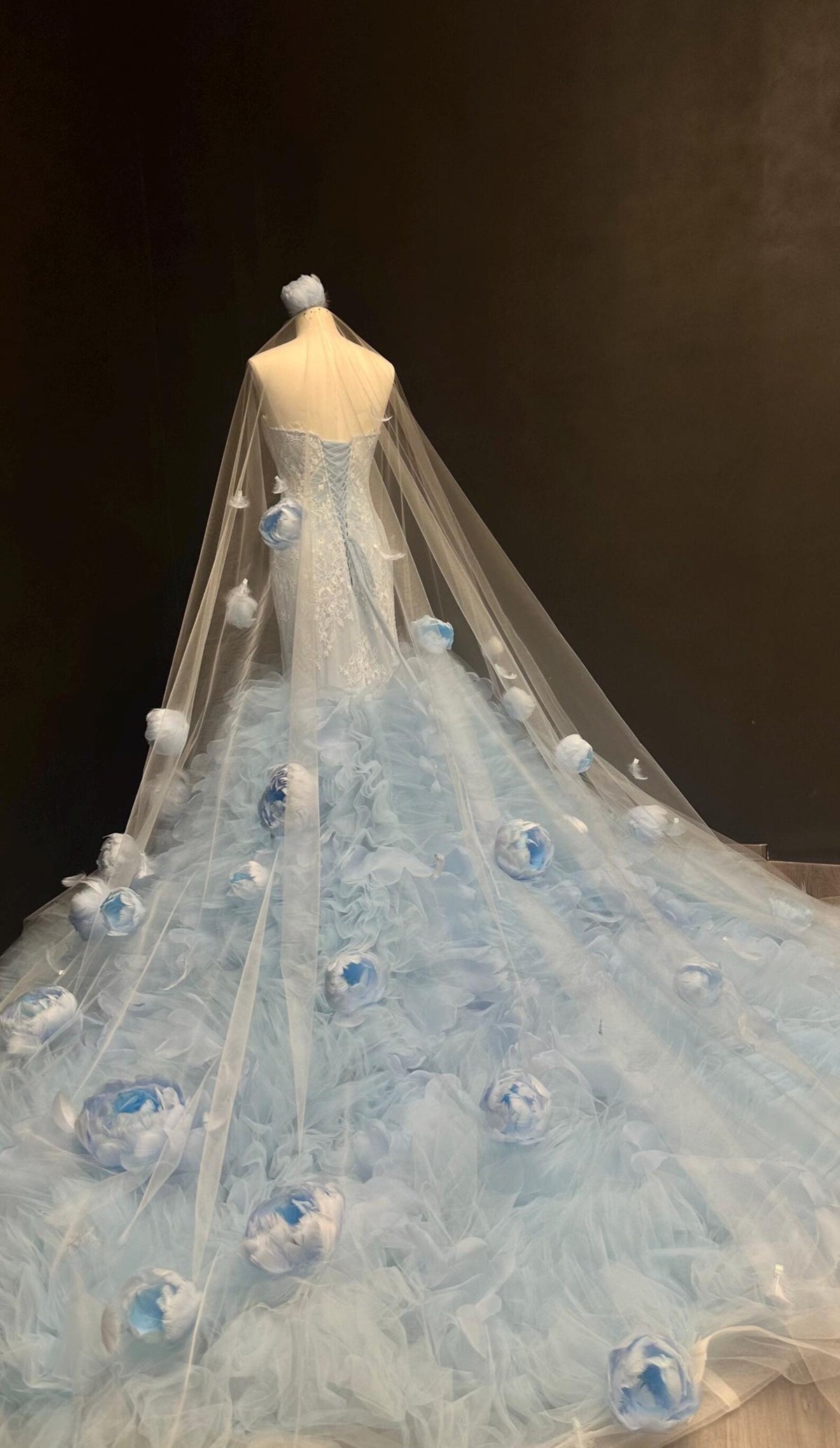 Light Blue 3D Floral Mermaid Gown, Feather Flower Ruffled Tulle Train Evening Dress