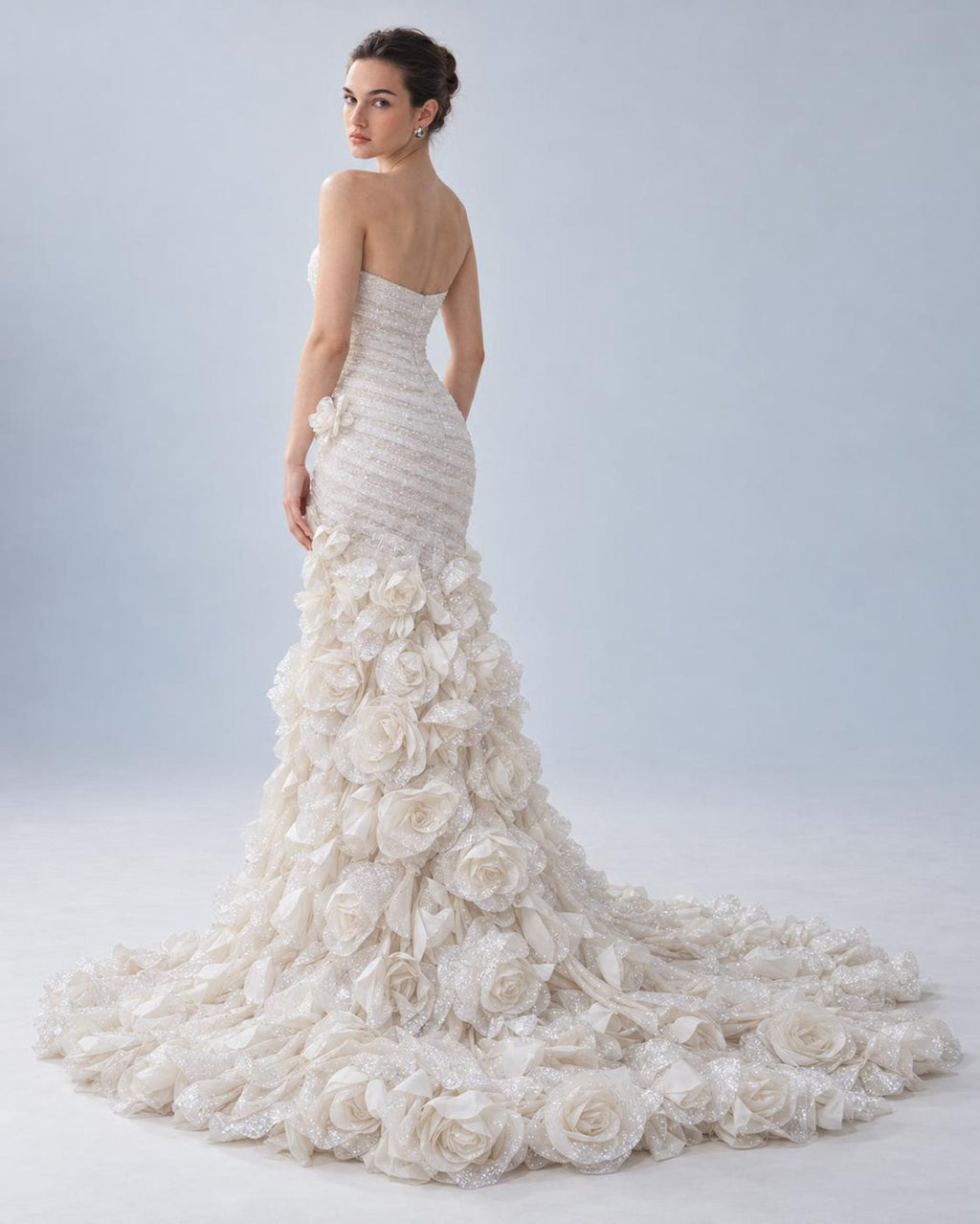 Strapless Mermaid Wedding Dress, 3D Floral Bridal Gown, Sparkle Tulle Fitted Wedding Gown with Long Train, Romantic Rose Wedding Dress