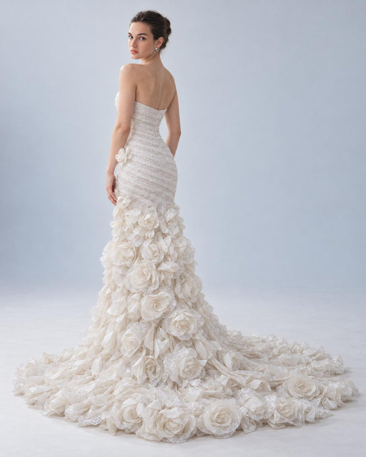 Strapless Mermaid Wedding Dress, 3D Floral Bridal Gown, Sparkle Tulle Fitted Wedding Gown with Long Train, Romantic Rose Wedding Dress