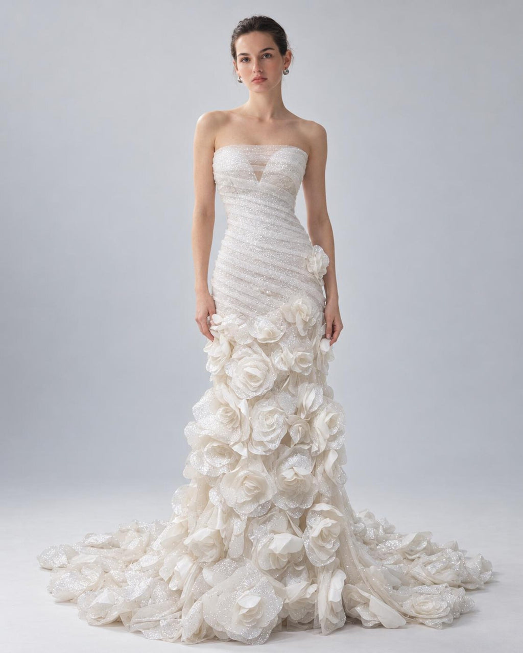 Strapless Mermaid Wedding Dress, 3D Floral Bridal Gown, Sparkle Tulle Fitted Wedding Gown with Long Train, Romantic Rose Wedding Dress