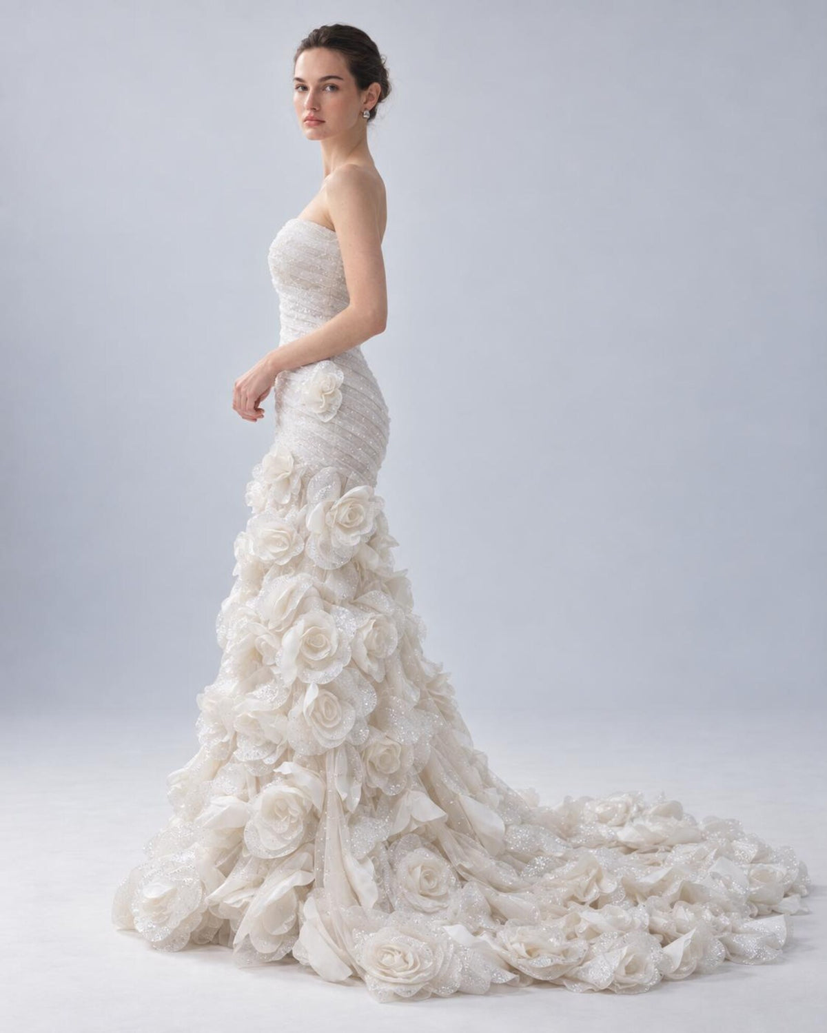 Strapless Mermaid Wedding Dress, 3D Floral Bridal Gown, Sparkle Tulle Fitted Wedding Gown with Long Train, Romantic Rose Wedding Dress