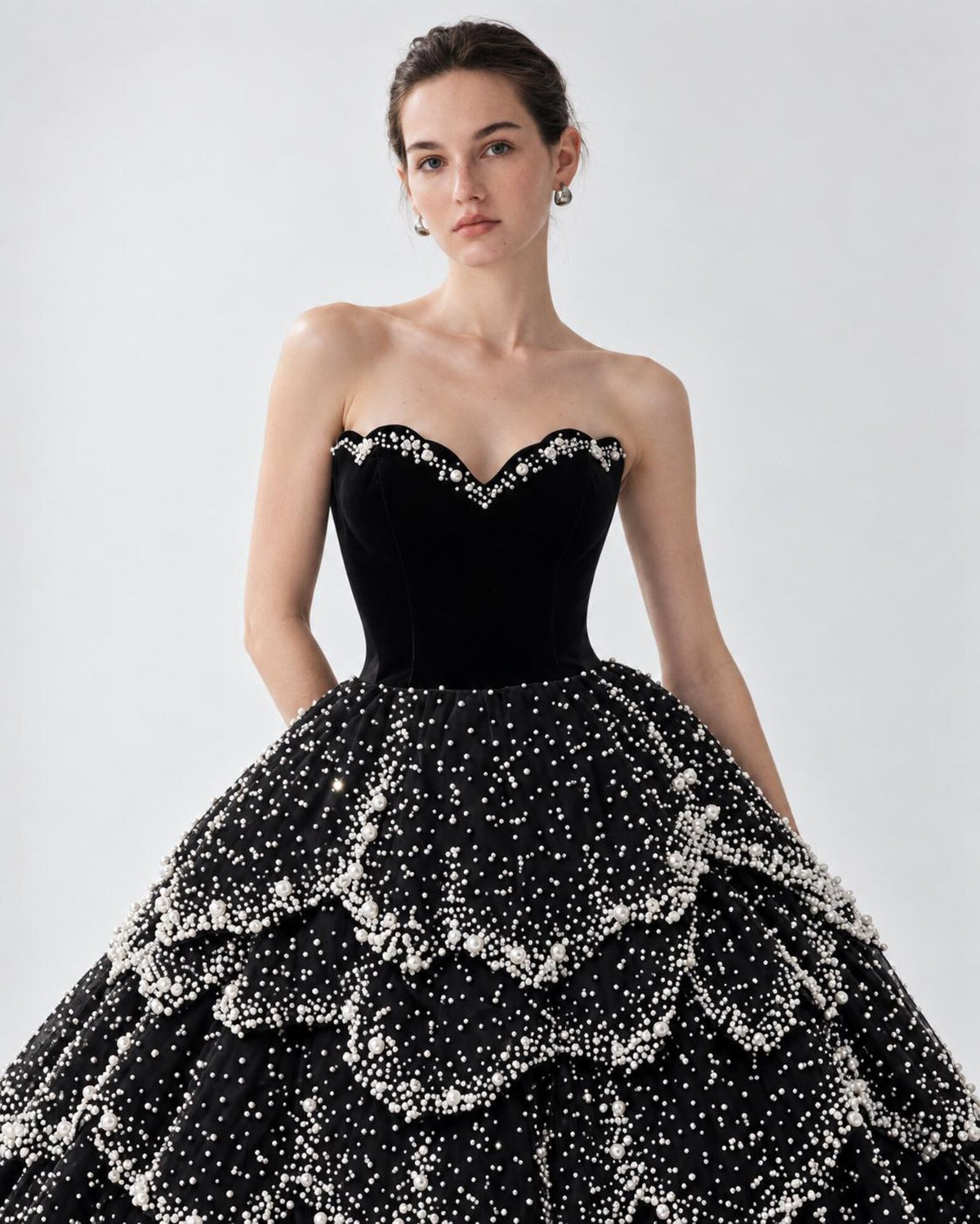 Black Ball Gown, Pearl Crystal Evening Dress, Strapless Velvet Prom Dress, Layered Formal Gown, Dramatic Black Wedding Dress, Custom Made