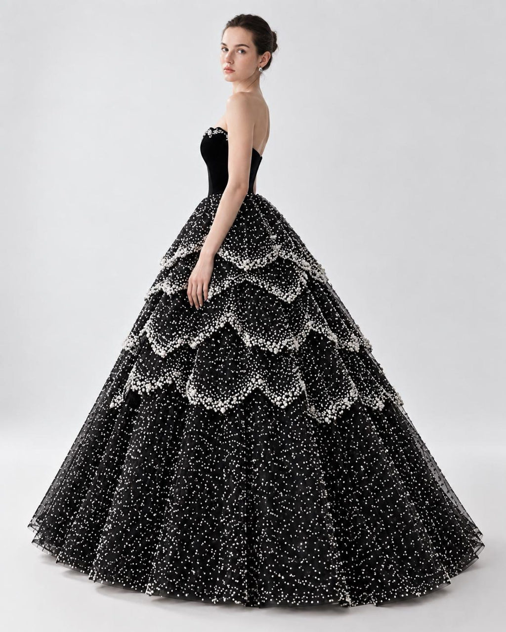Black Ball Gown, Pearl Crystal Evening Dress, Strapless Velvet Prom Dress, Layered Formal Gown, Dramatic Black Wedding Dress, Custom Made