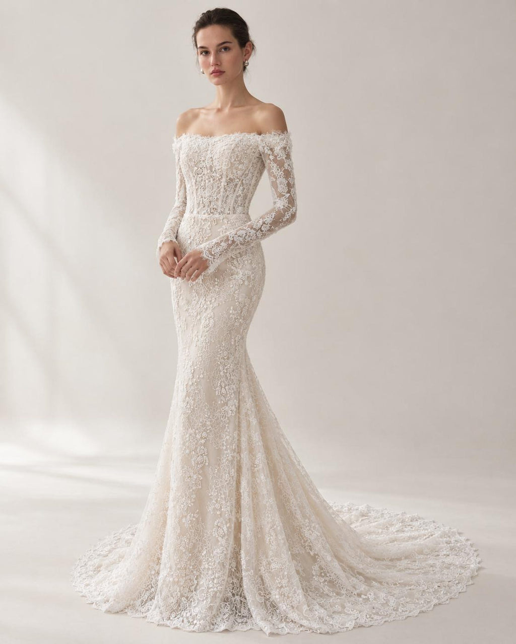 Off Shoulder Lace Mermaid Wedding Dress, Long Sleeve Floral Lace Bridal Gown, Chapel Train Wedding Gown