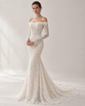 Off Shoulder Lace Mermaid Wedding Dress, Long Sleeve Floral Lace Bridal Gown, Chapel Train Wedding Gown