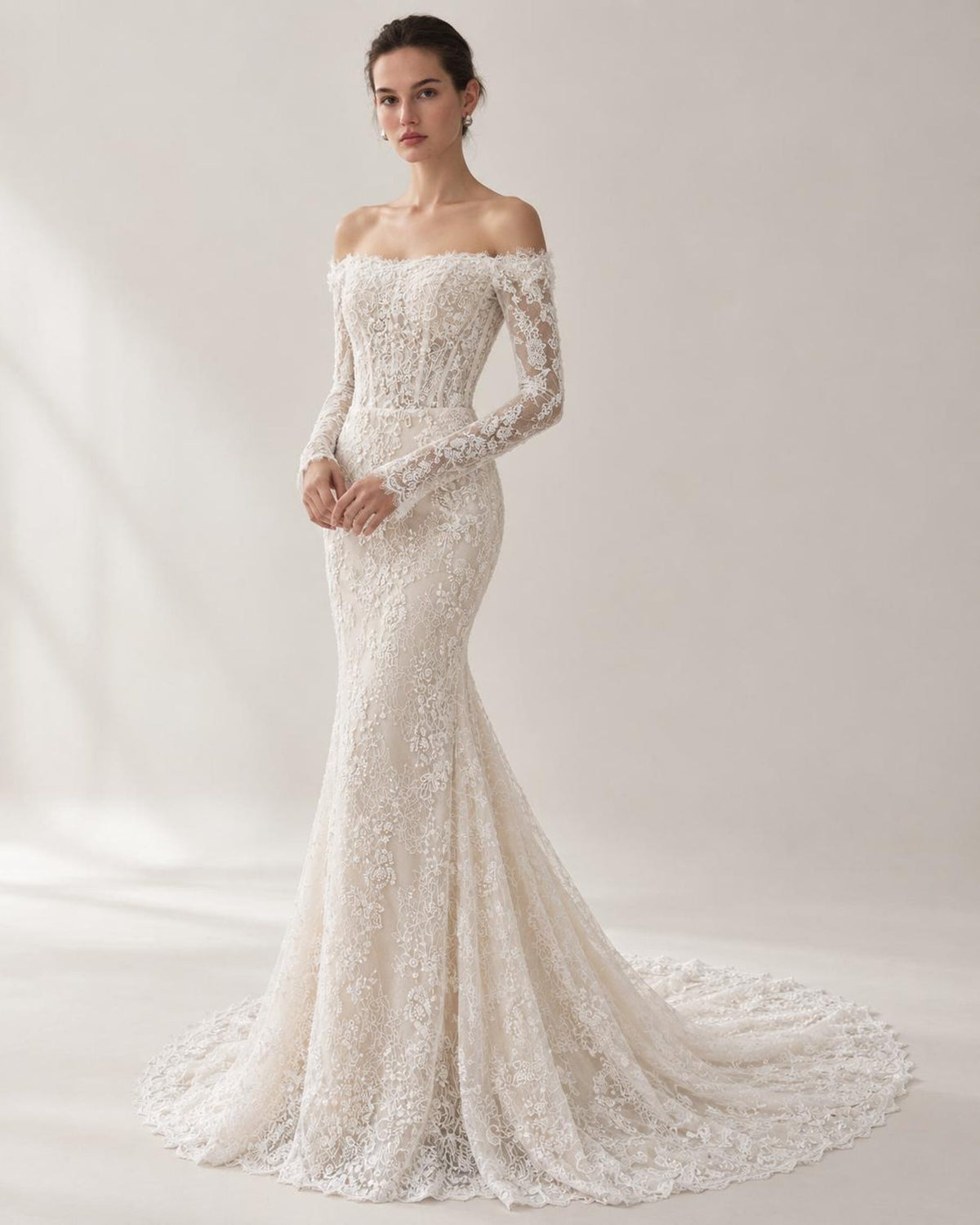 Off Shoulder Lace Mermaid Wedding Dress, Long Sleeve Floral Lace Bridal Gown, Chapel Train Wedding Gown