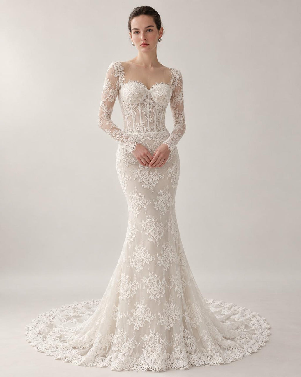 Long Sleeve Lace Mermaid Wedding Dress, Sweetheart Corset Bridal Gown, Floral Lace Chapel Train Wedding Gown