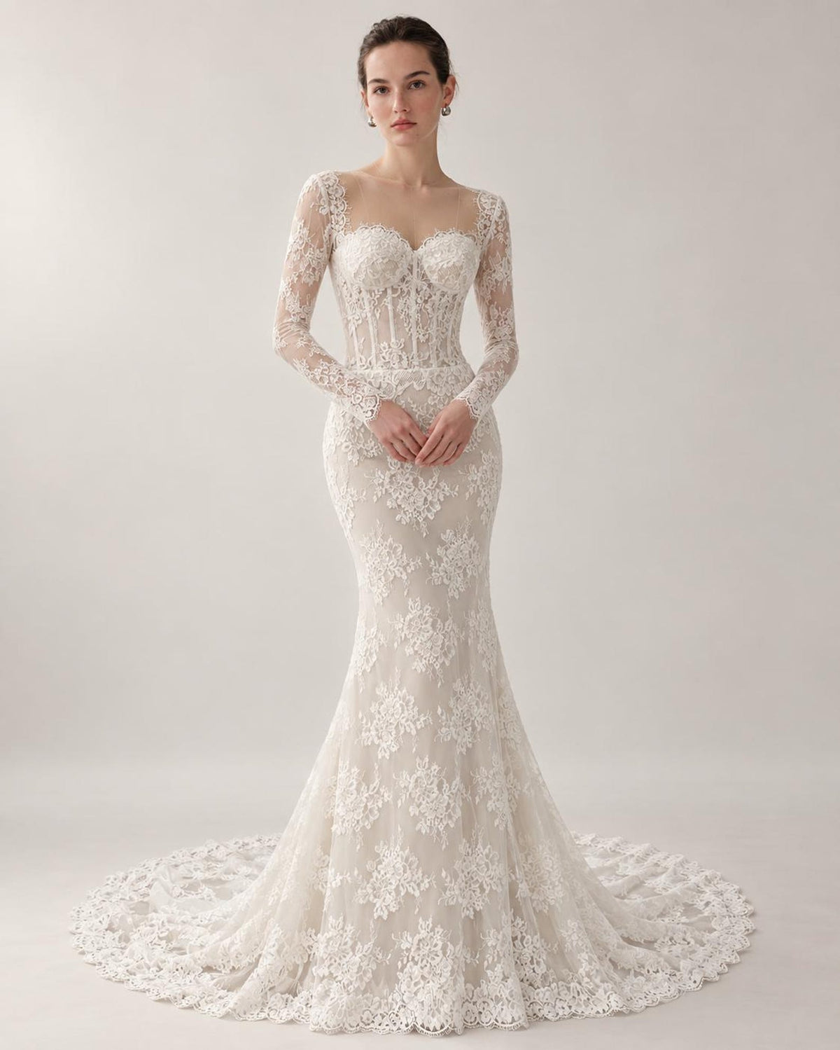Long Sleeve Lace Mermaid Wedding Dress, Sweetheart Corset Bridal Gown, Floral Lace Chapel Train Wedding Gown