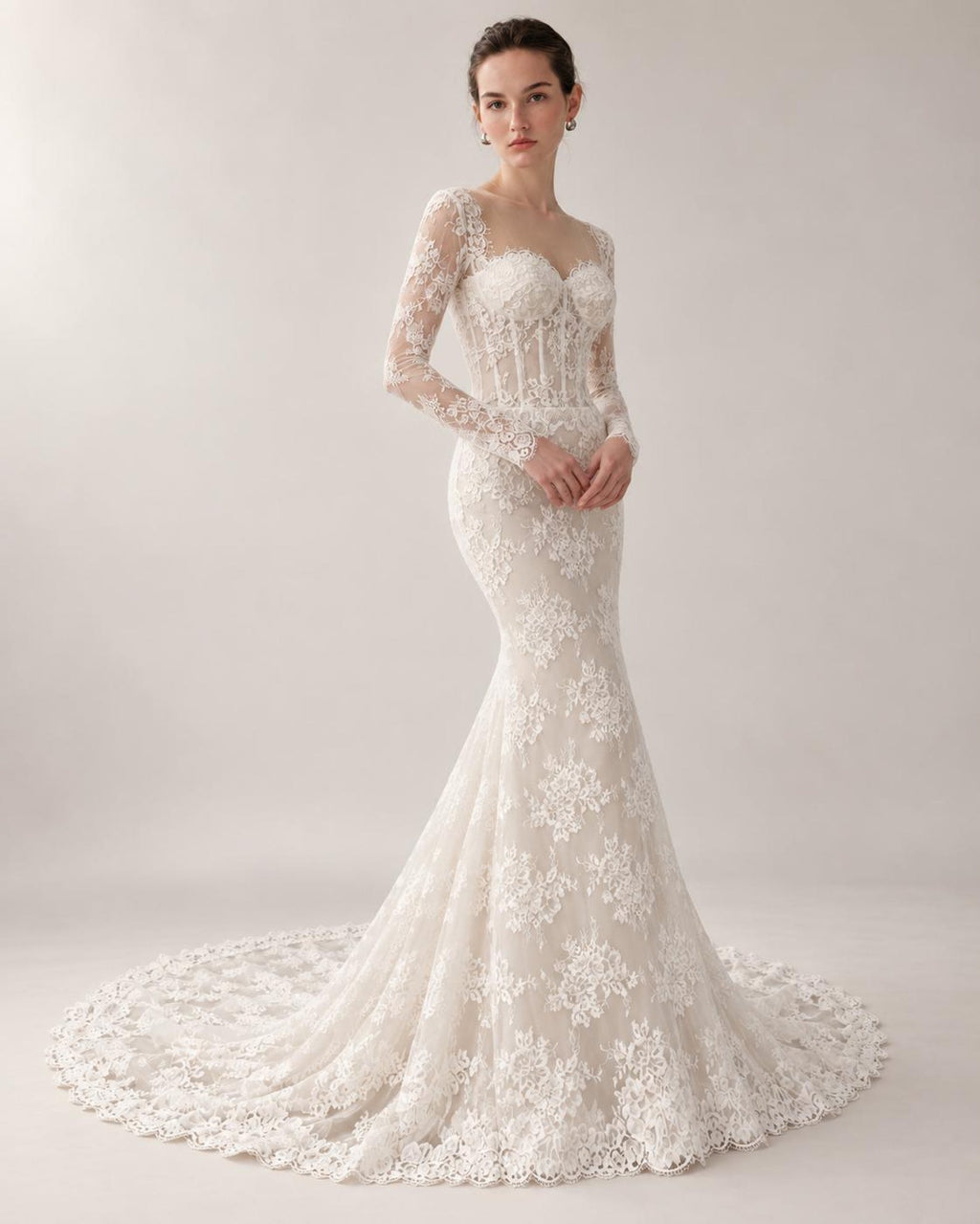 Long Sleeve Lace Mermaid Wedding Dress, Sweetheart Corset Bridal Gown, Floral Lace Chapel Train Wedding Gown