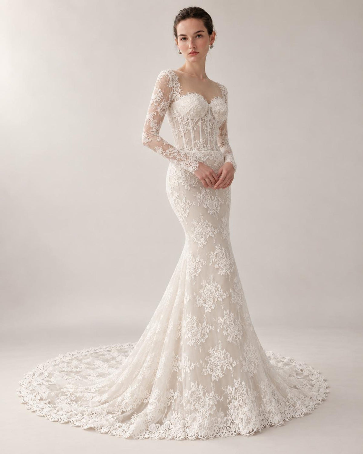 Long Sleeve Lace Mermaid Wedding Dress, Sweetheart Corset Bridal Gown, Floral Lace Chapel Train Wedding Gown