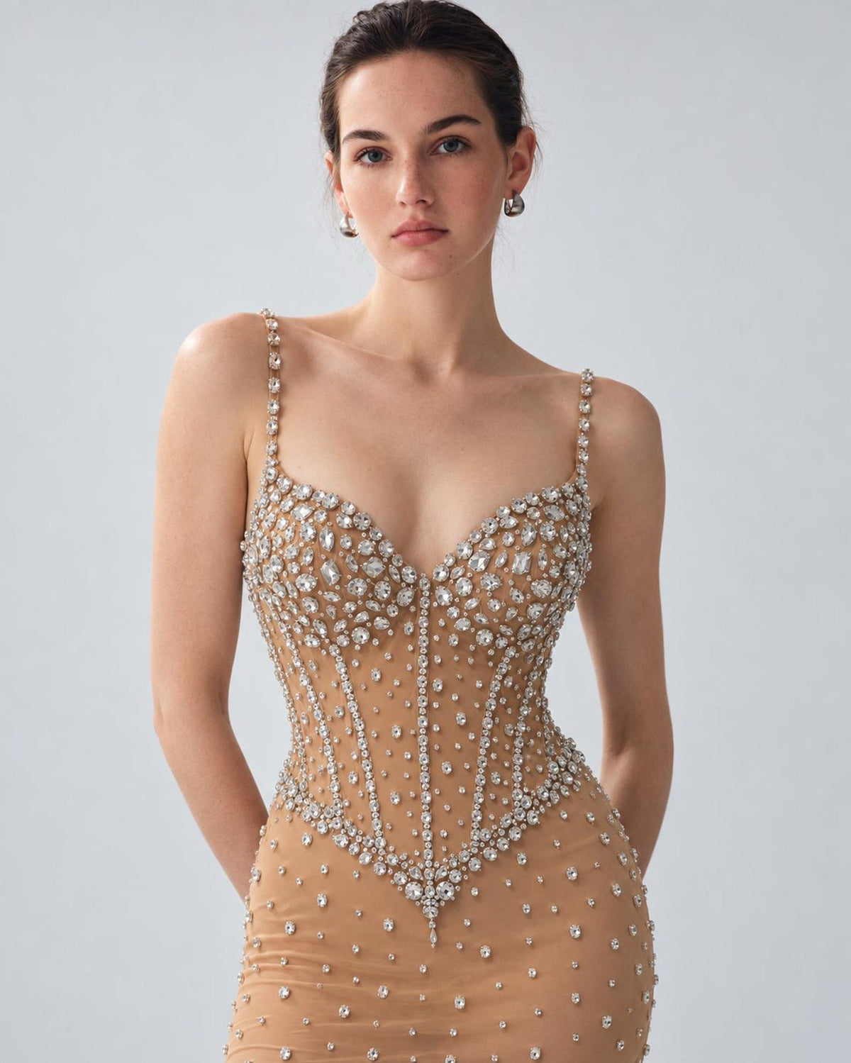 Crystal Rhinestone Sheer Mini Dress, Spaghetti Strap Bodycon Cocktail Party Dress