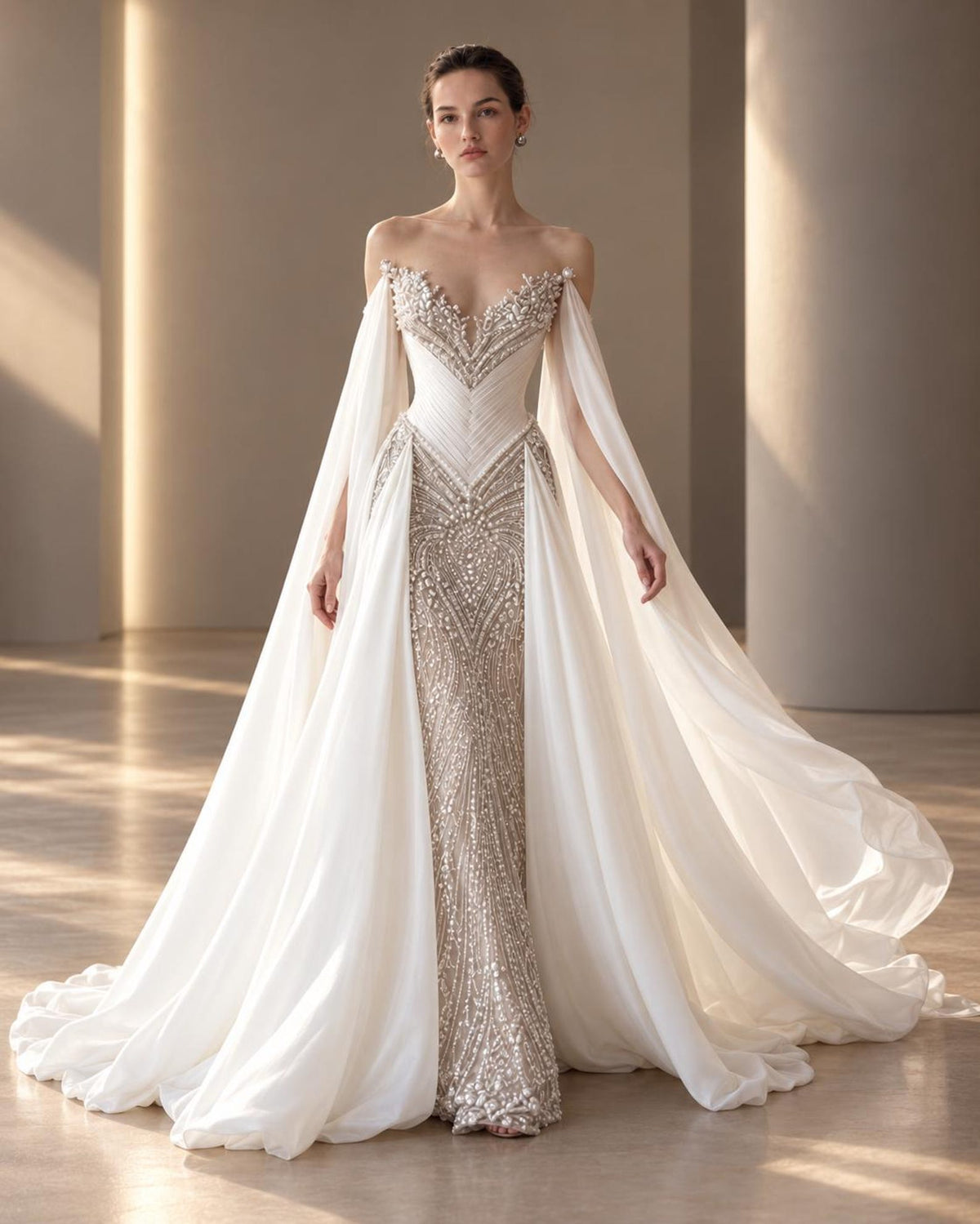 Pearl Beaded Mermaid Bridal Gown, Off Shoulder Chiffon Cape Sleeve Wedding Dress