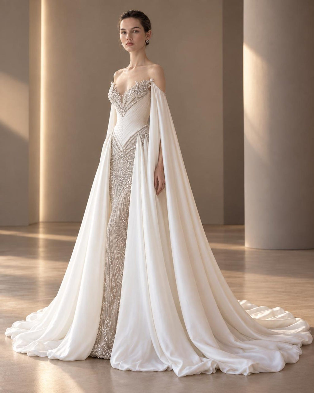 Pearl Beaded Mermaid Bridal Gown, Off Shoulder Chiffon Cape Sleeve Wedding Dress
