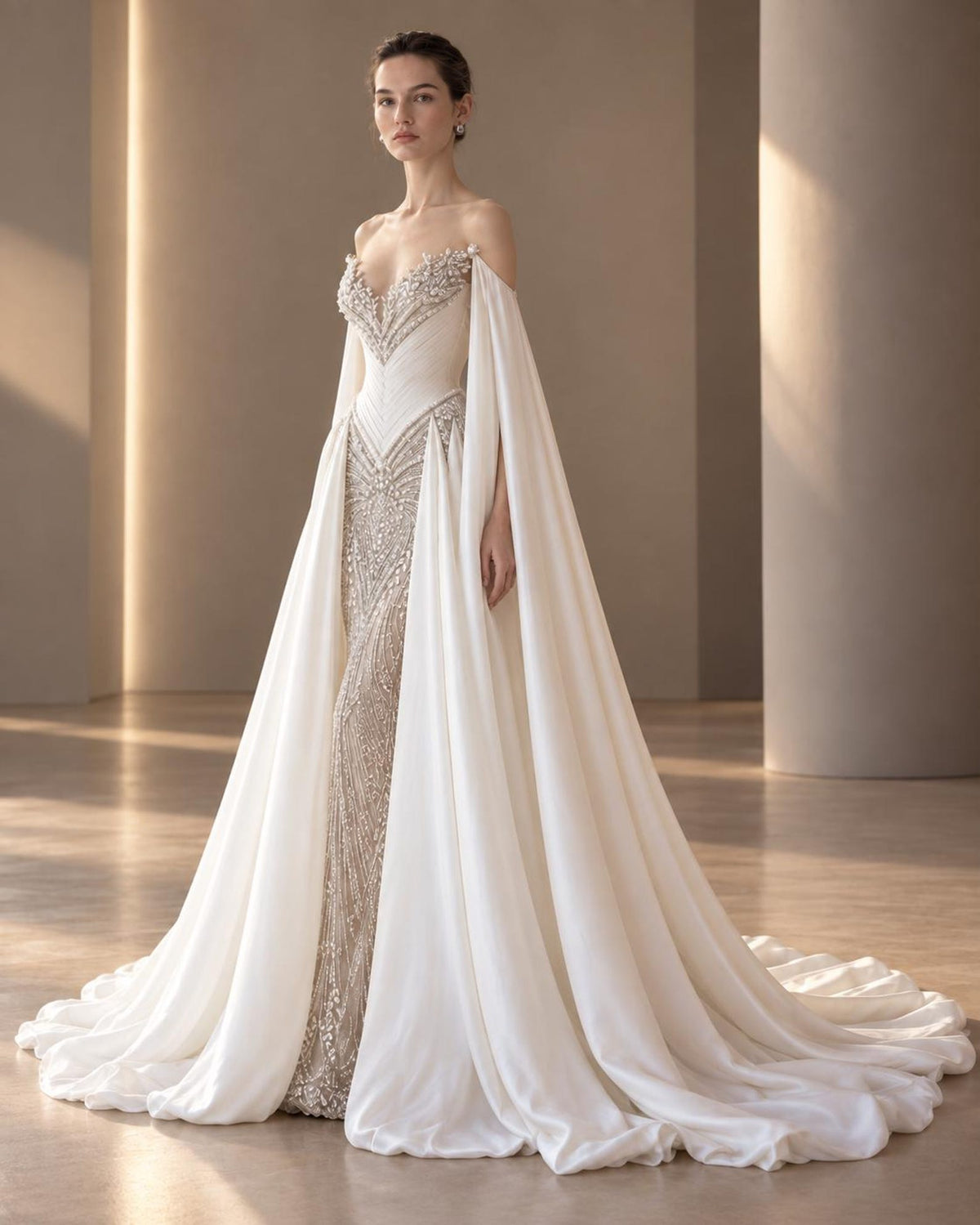 Pearl Beaded Mermaid Bridal Gown, Off Shoulder Chiffon Cape Sleeve Wedding Dress