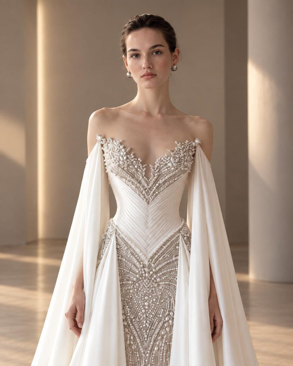 Pearl Beaded Mermaid Bridal Gown, Off Shoulder Chiffon Cape Sleeve Wedding Dress
