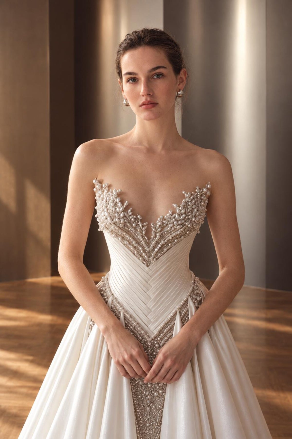 Pearl Beaded Mermaid Bridal Gown, Off Shoulder Chiffon Cape Sleeve Wedding Dress