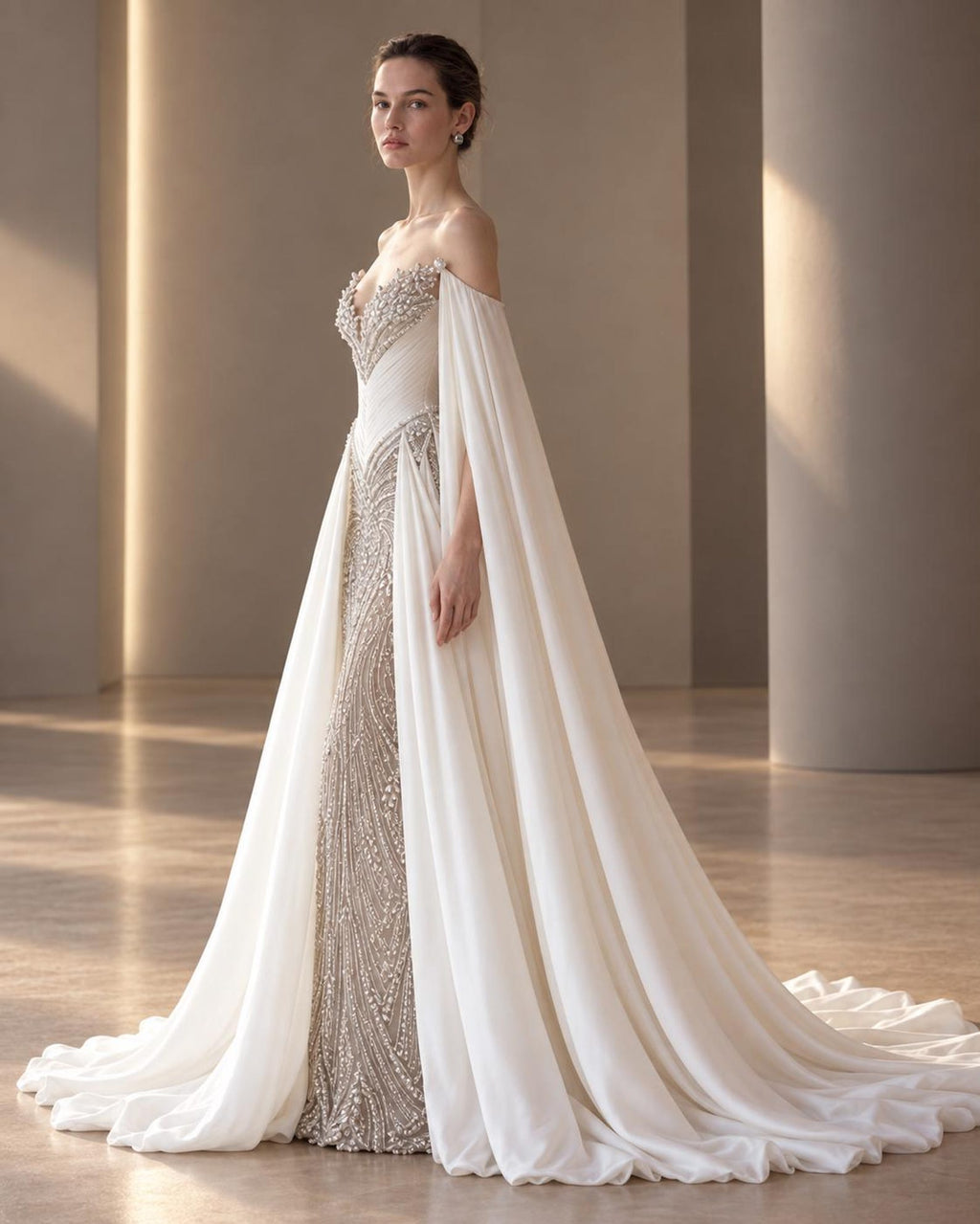 Pearl Beaded Mermaid Bridal Gown, Off Shoulder Chiffon Cape Sleeve Wedding Dress