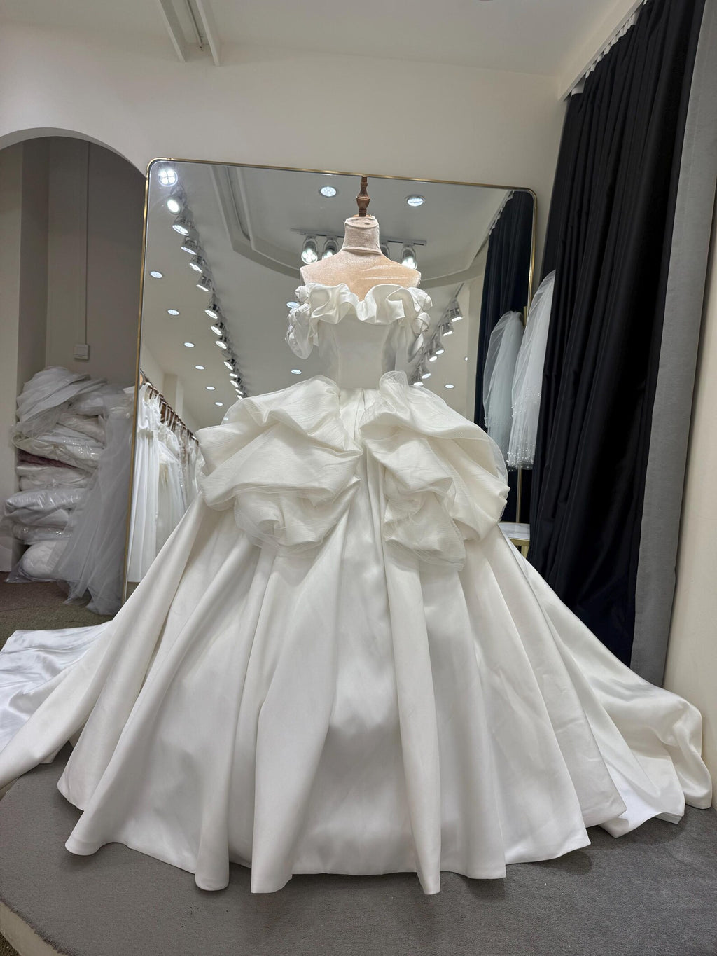 Ruffled Off Shoulder Satin Wedding Dress, 3D Flower Skirt Princess Ballgown Bridal Gown