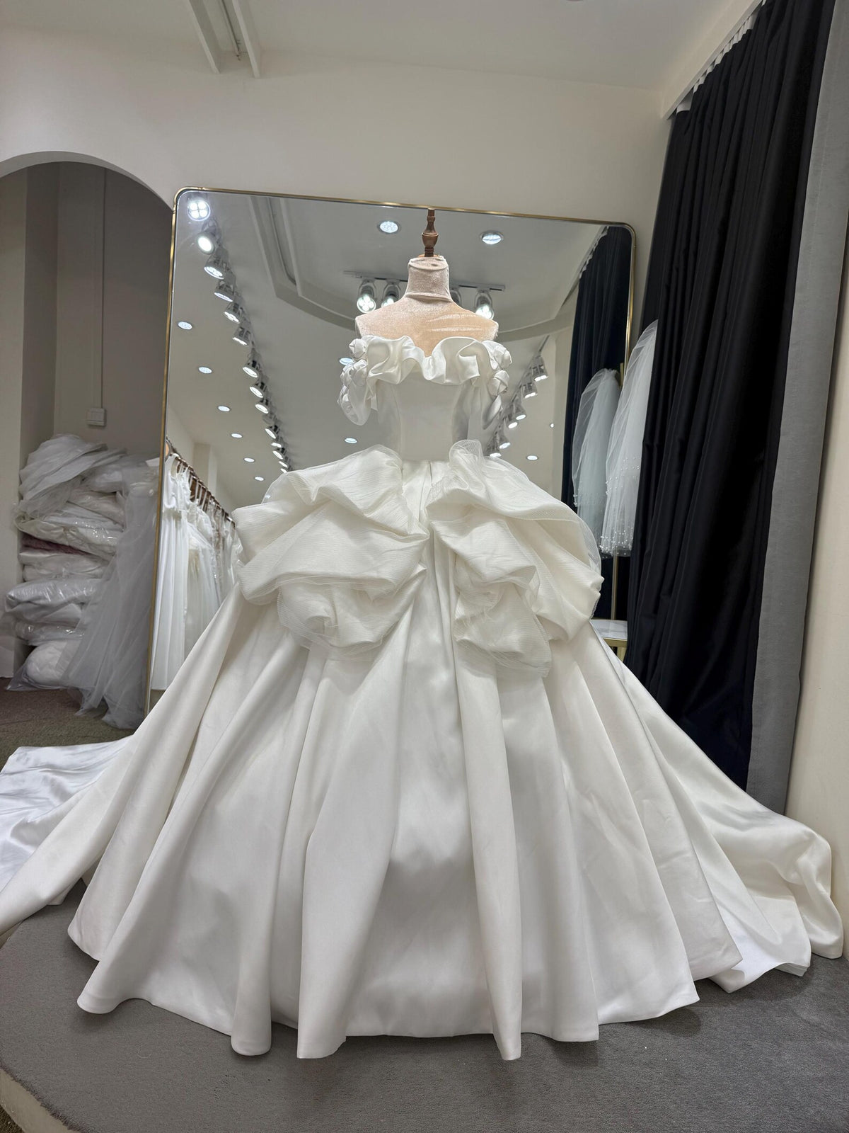 Ruffled Off Shoulder Satin Wedding Dress, 3D Flower Skirt Princess Ballgown Bridal Gown