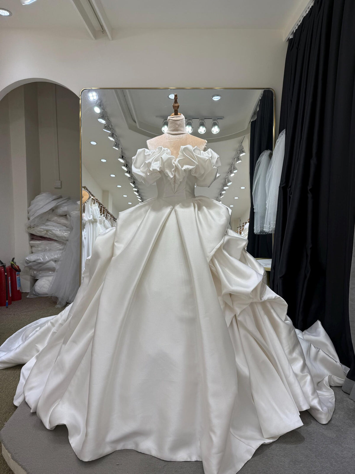 Ruffled Off Shoulder Satin Wedding Dress, 3D Flower Skirt Princess Ballgown Bridal Gown