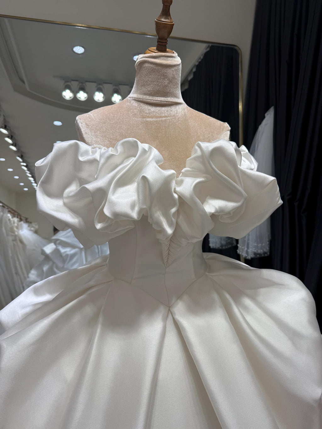 Ruffled Off Shoulder Satin Wedding Dress, 3D Flower Skirt Princess Ballgown Bridal Gown