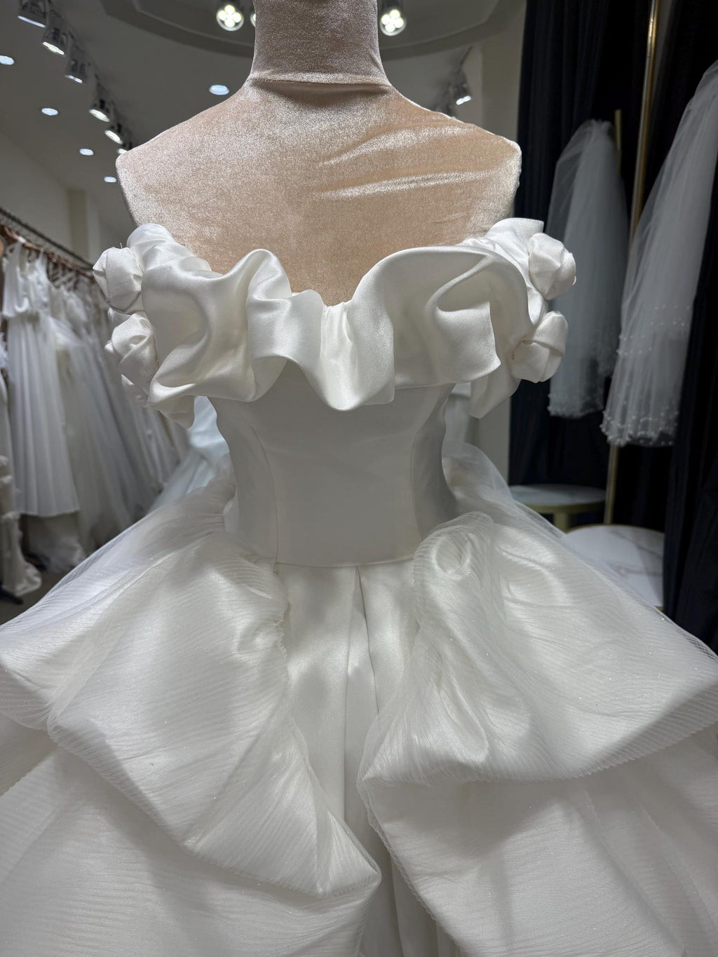 Ruffled Off Shoulder Satin Wedding Dress, 3D Flower Skirt Princess Ballgown Bridal Gown
