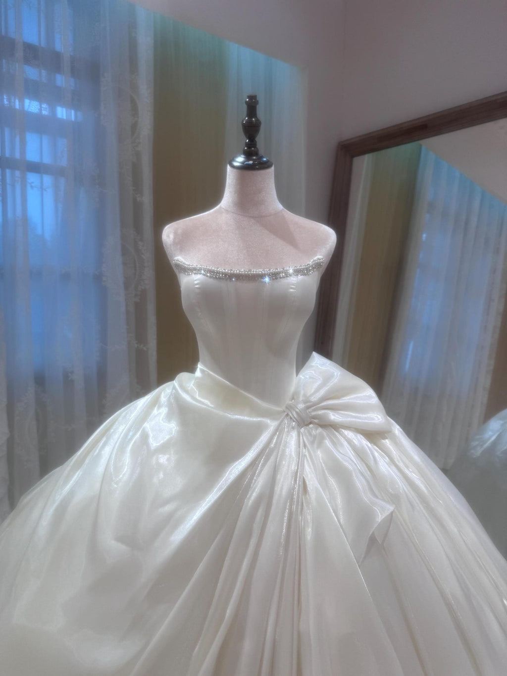 Strapless Mikado Satin Wedding Dress, Rhinestone Neckline Ballgown Wedding Gown With Big Bow, Custom Bridal Dress for Church Wedding