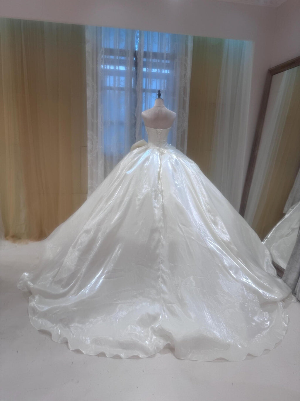 Strapless Mikado Satin Wedding Dress, Rhinestone Neckline Ballgown Wedding Gown With Big Bow, Custom Bridal Dress for Church Wedding