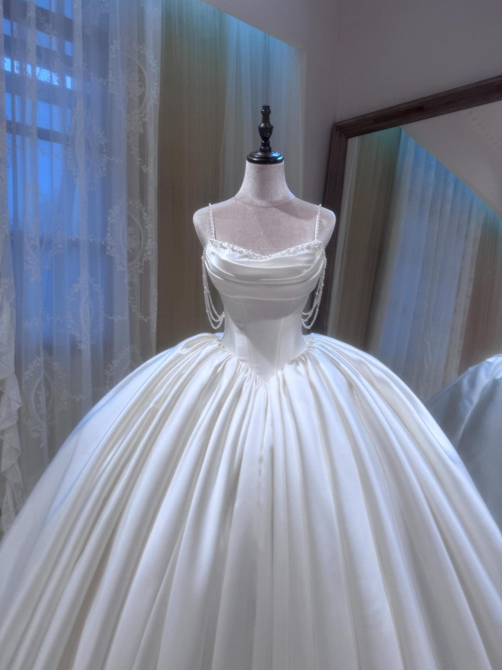 Satin Ball Gown Wedding Dress, Pearl Strap Bridal Gown, Draped Sweetheart Neckline, Luxury A-line Wedding Dress, Custom Made Bridal Dress