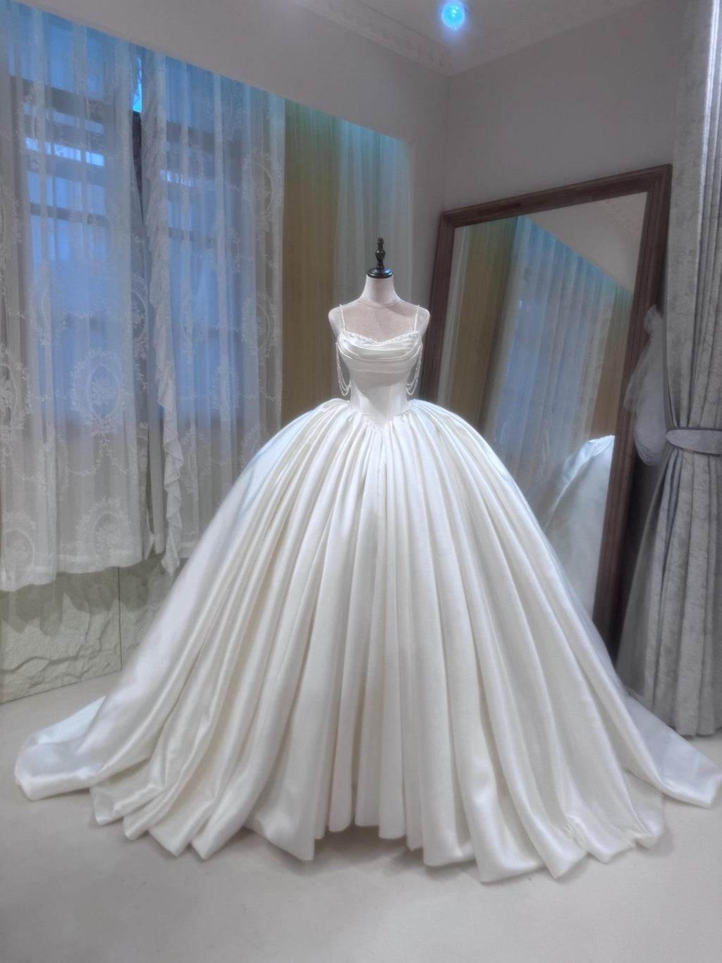 Satin Ball Gown Wedding Dress, Pearl Strap Bridal Gown, Draped Sweetheart Neckline, Luxury A-line Wedding Dress, Custom Made Bridal Dress