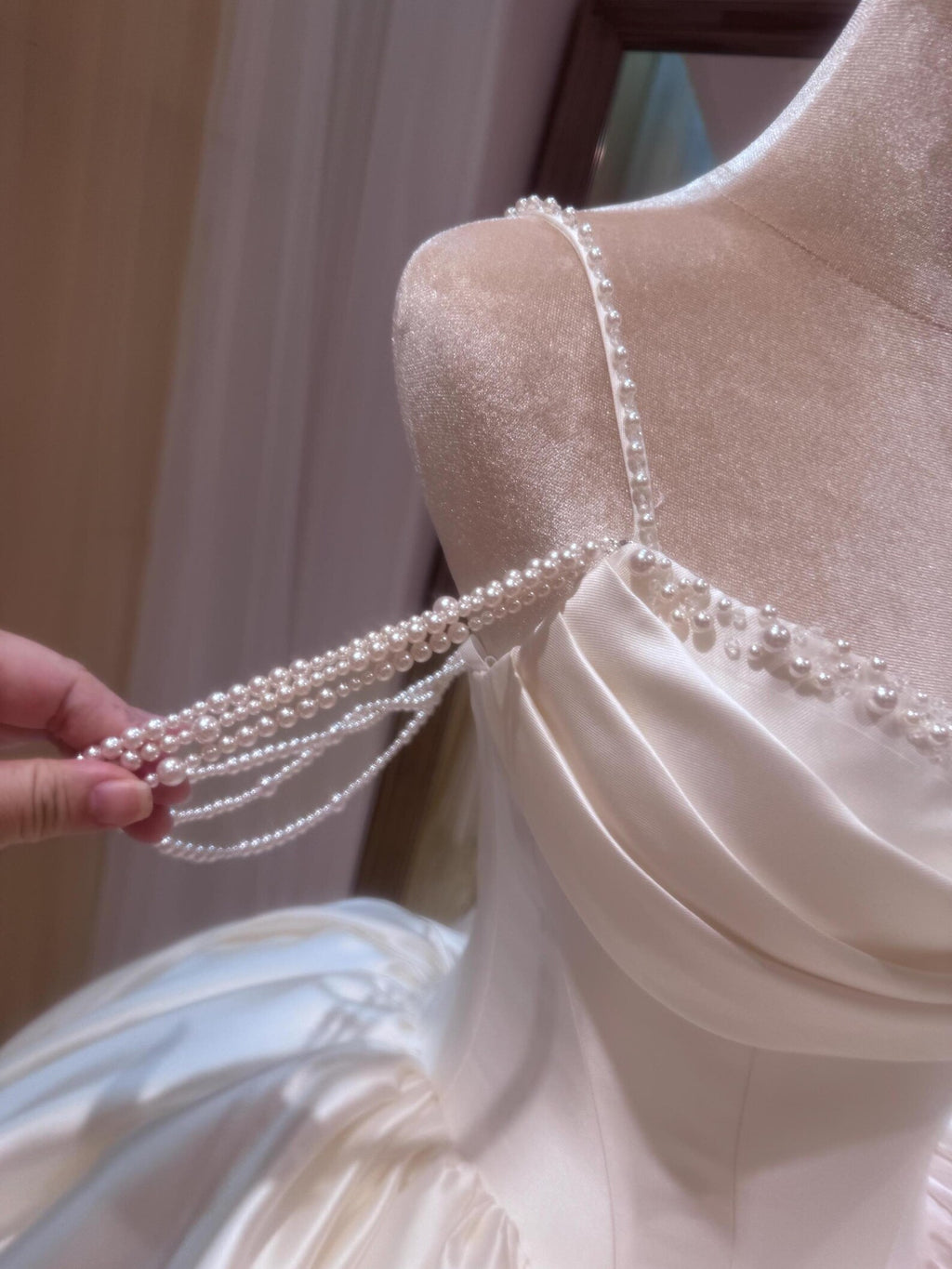 Satin Ball Gown Wedding Dress, Pearl Strap Bridal Gown, Draped Sweetheart Neckline, Luxury A-line Wedding Dress, Custom Made Bridal Dress