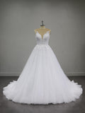 Plunging V Neck Lace Tulle Ballgown Wedding Dress, 3D Floral Appliqué Bridal Gown With Long Train, Custom Wedding Gown