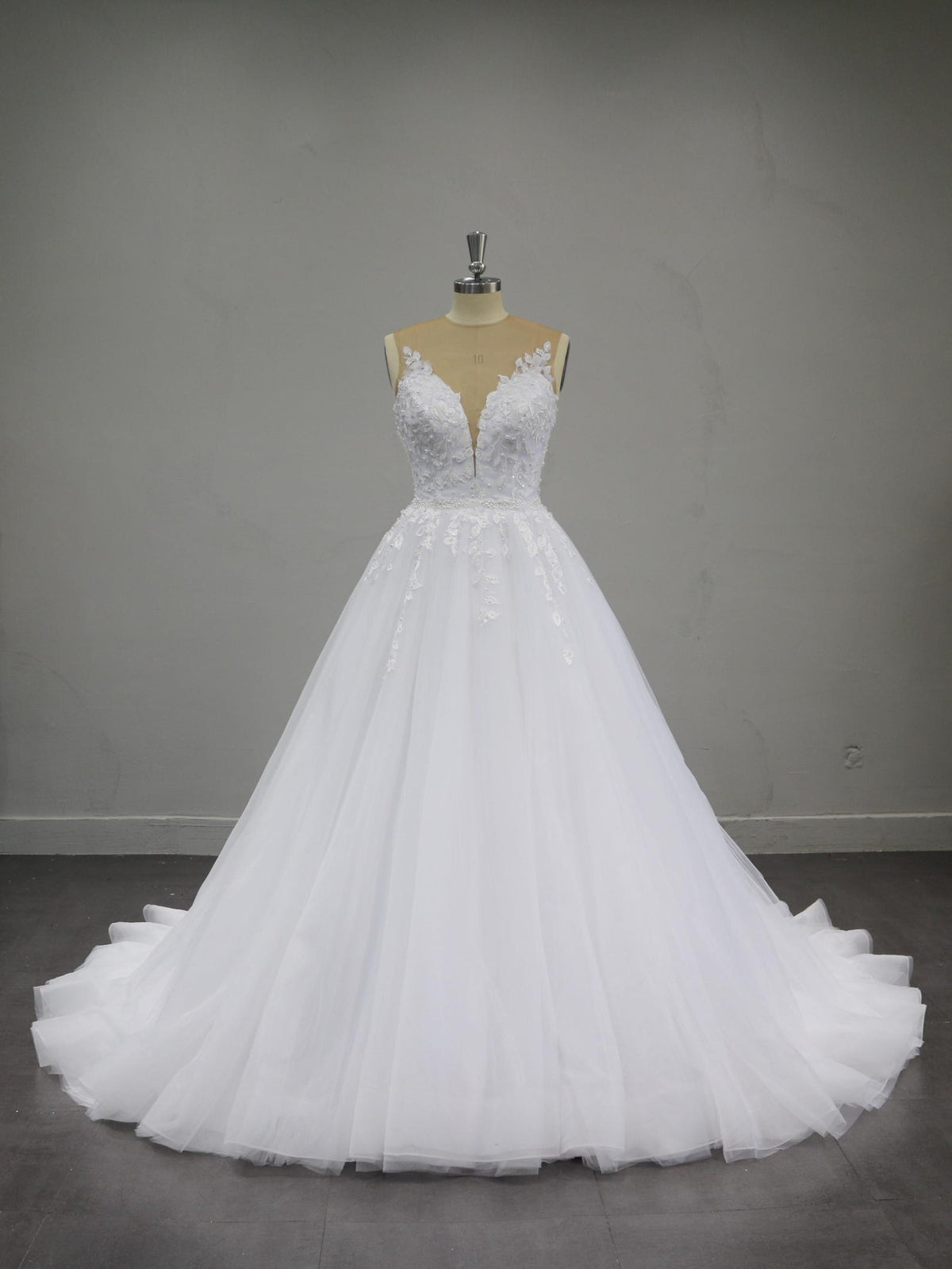 Plunging V Neck Lace Tulle Ballgown Wedding Dress, 3D Floral Appliqué Bridal Gown With Long Train, Custom Wedding Gown