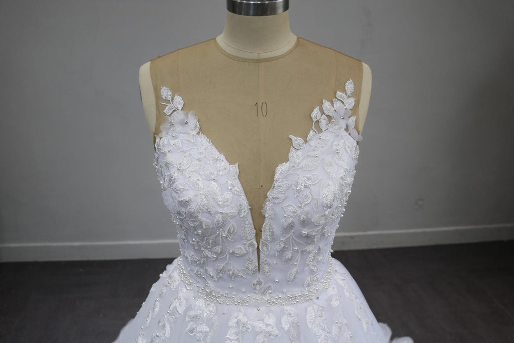 Plunging V Neck Lace Tulle Ballgown Wedding Dress, 3D Floral Appliqué Bridal Gown With Long Train, Custom Wedding Gown