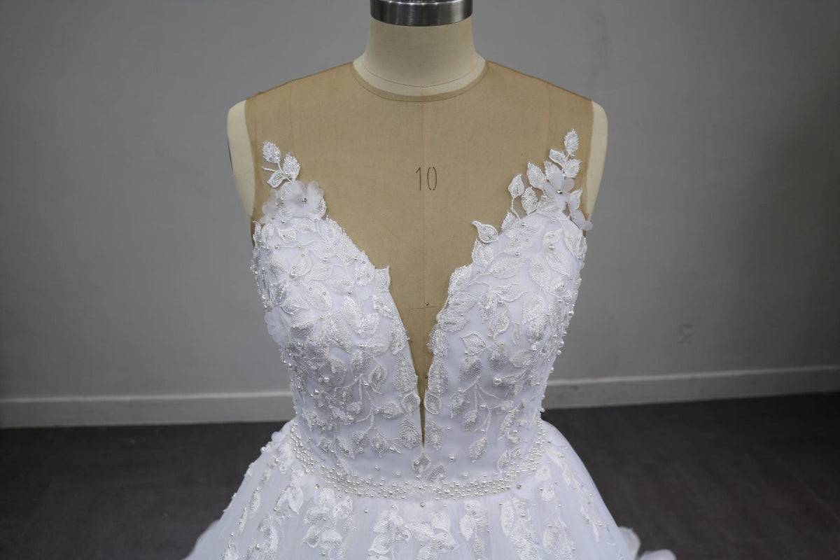 Plunging V Neck Lace Tulle Ballgown Wedding Dress, 3D Floral Appliqué Bridal Gown With Long Train, Custom Wedding Gown