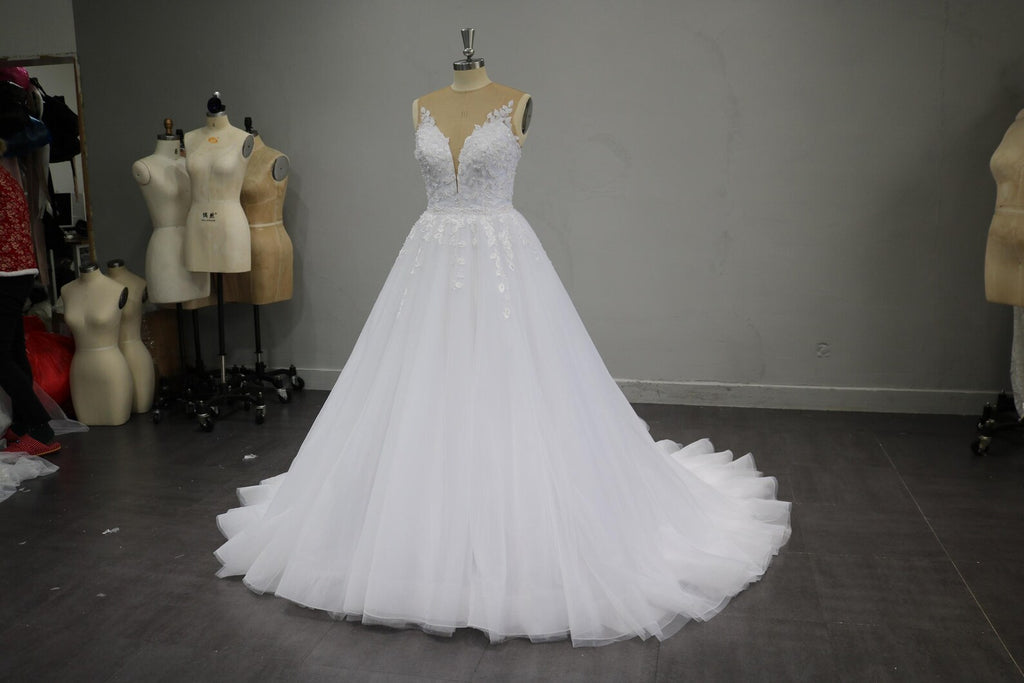 Plunging V Neck Lace Tulle Ballgown Wedding Dress, 3D Floral Appliqué Bridal Gown With Long Train, Custom Wedding Gown