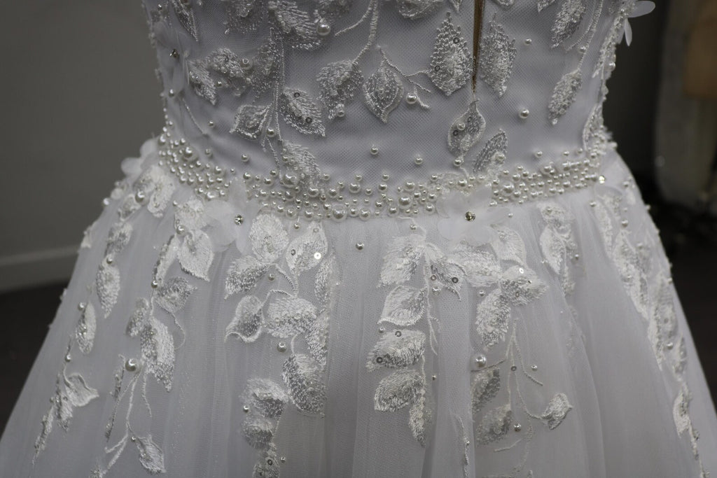 Plunging V Neck Lace Tulle Ballgown Wedding Dress, 3D Floral Appliqué Bridal Gown With Long Train, Custom Wedding Gown